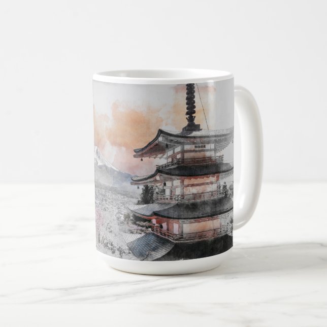 Mug Aquarelle Pagode japonaise & Fuji  (Devant droit)