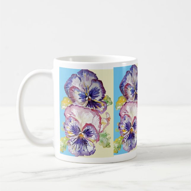 Mug Aquarelle Pansy Motif sur rose et jaune pâle (Gauche)