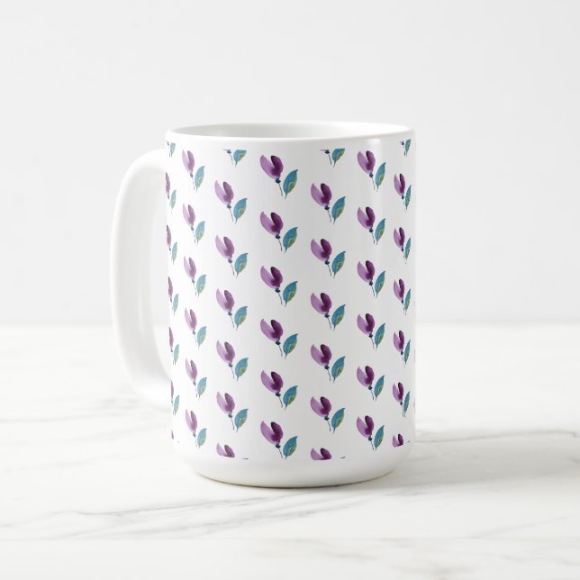 Mug Aquarelle peinte à la main fleurs violettes vertes (Devant gauche)