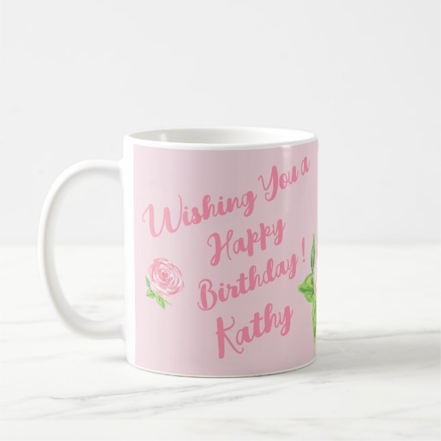 Mug Aquarelle peinte à la main Rose JEUX ANNIVERSAIRE (Gauche)