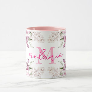 Mug Aquarelle Peony Flower Pink Peonies Nom Monogramme