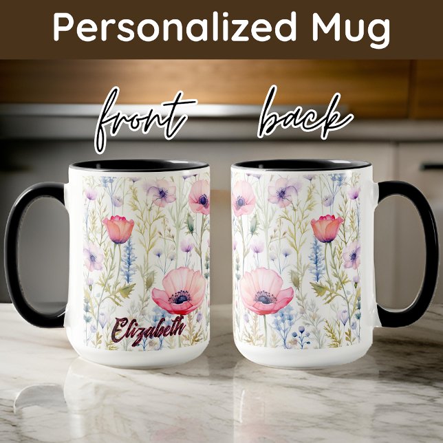 Mug aquarelle personnalisé fleurs sauvages, Fête d (Birthday gift for her, birthday mug for mom, watercolor floral gift for women, custom mug for her)