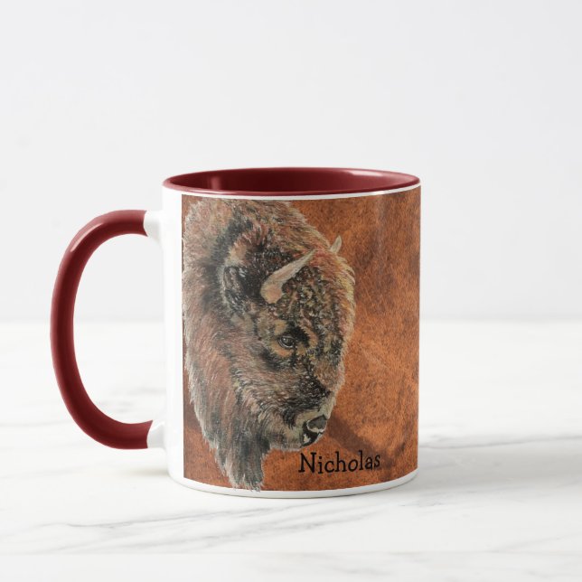 Mug Aquarelle personnalisée Bison Buffalo Art animal (Gauche)