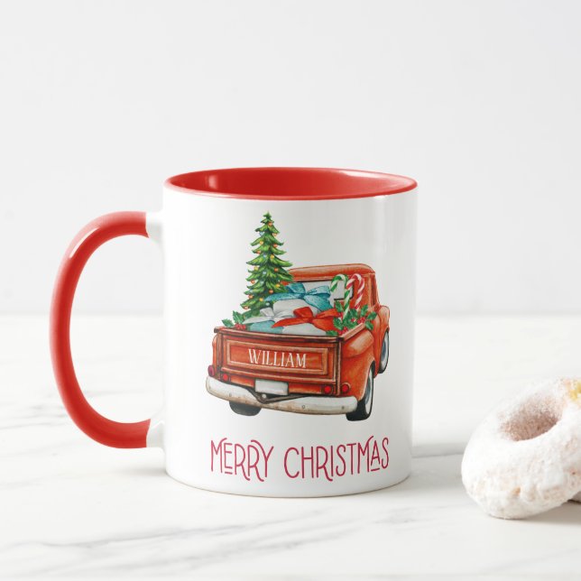 Mug Aquarelle personnalisée Camion Vintage de ramassag (Avec donut)