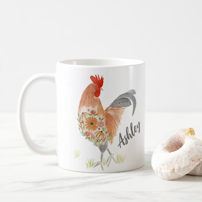 Mug Aquarelle personnalisée de coq (Avec donut)