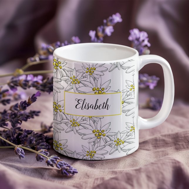 Mug Aquarelle personnalisée Edelweiss illustrée à la m (This Edelweiss mug features personalization in script among my own hand-drawn wildflowers.)