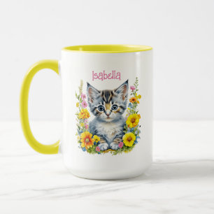 Mug Aquarelle personnalisée en gris chaton et fleurs