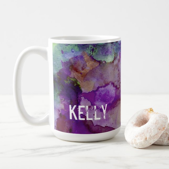 Mug Aquarelle personnalisée verte et violette 3 (Avec donut)