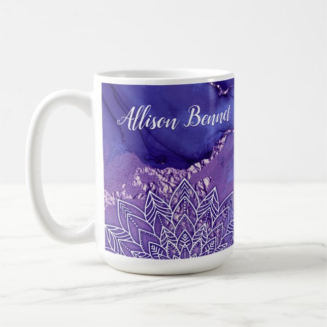 Mug Aquarelle personnalisée violet blanc Mandala (Gauche)