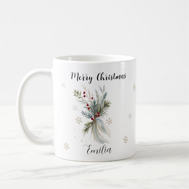Mug Aquarelle Pin Rustique Floral Joyeux Noël Nom (Gauche)