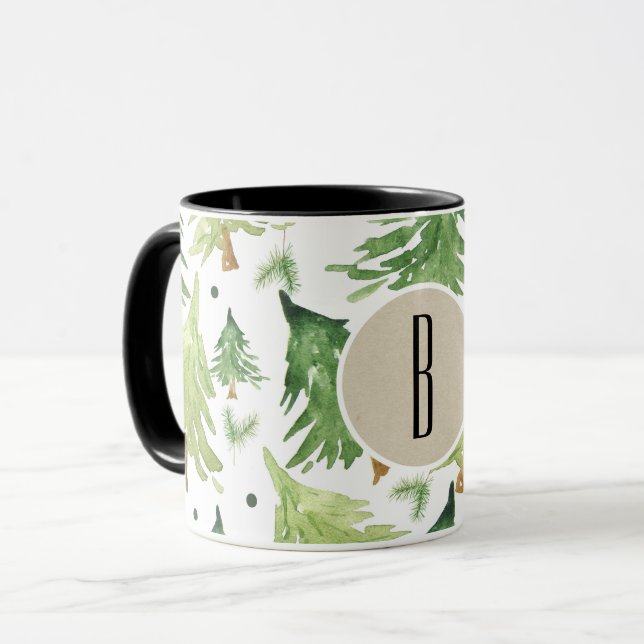 Mug Aquarelle Pine Arbres Moderne Rustique Monogramme  (Devant gauche)