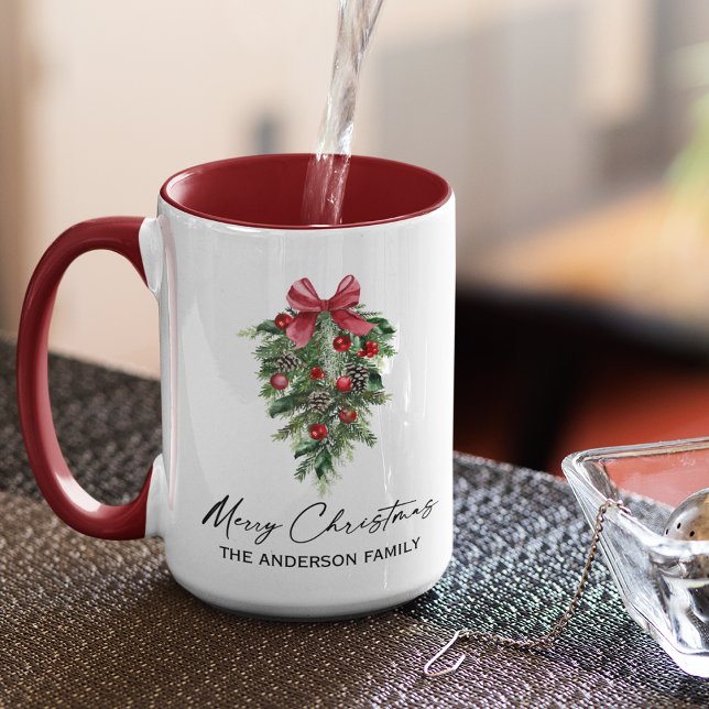 Mug Aquarelle Pines Calligraphie Encre Noël Grand (Customize to change your personalized text size or text style.)