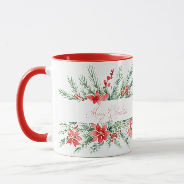 Mug Aquarelle poinsettia et verdure Noël (Gauche)