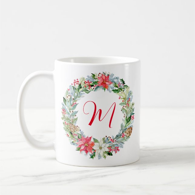 Mug Aquarelle Poinsettia monogramme de couronne de Noë (Gauche)