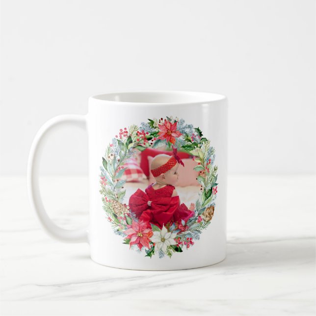 Mug Aquarelle Poinsettia photo de la couronne de Noël (Gauche)