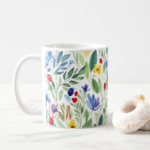Mug Aquarelle Prairie de Fleurs Bleues et Jaunes Art