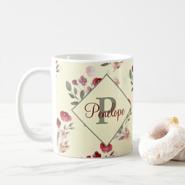 Mug Aquarelle romantique Roses Motif Vintage Monogramm (Avec donut)