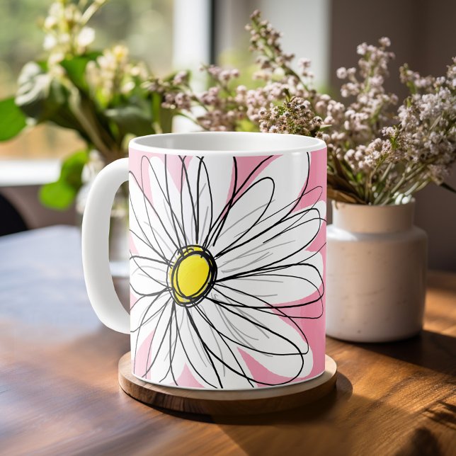 Mug Aquarelle rose avec marguerite blanche Nom personn (Mug template with a place for a name - whimsical daisy)