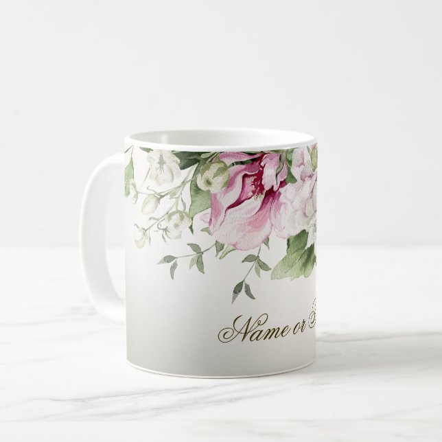 Mug Aquarelle rose cadre floral brillant Bronze élégan (Devant gauche)