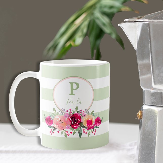 Mug Aquarelle rose chaud Monogramme floral sur bande d (Créateur téléchargé)