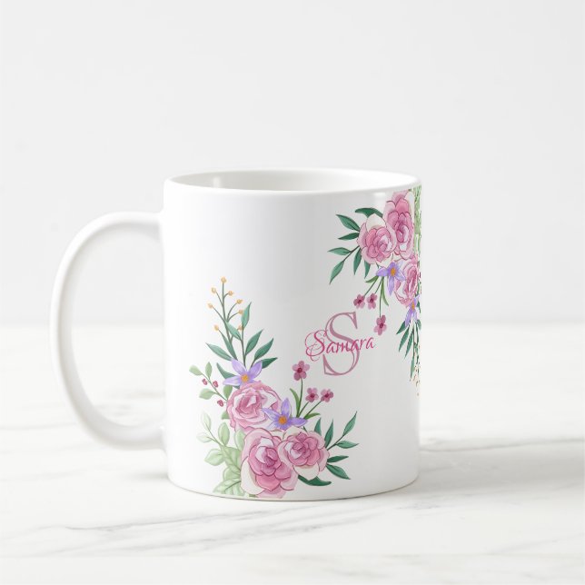 Mug Aquarelle rose de la fille Roses Monogramme initia (Gauche)