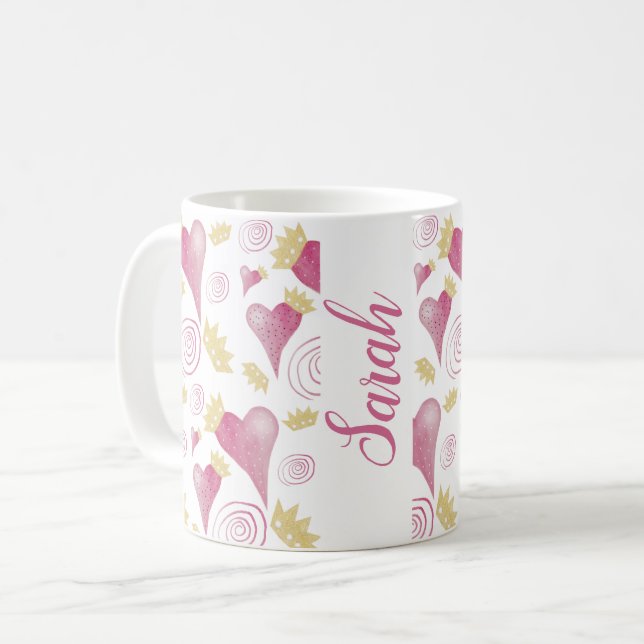 Mug Aquarelle rose du coeur de la couronne Monogramme (Devant gauche)