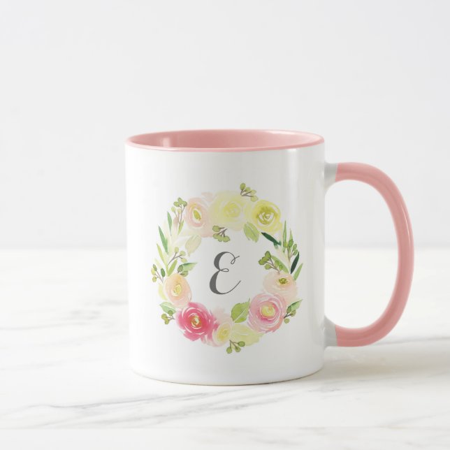 Mug Aquarelle rose et jaune couronne florale | Monogra (Droite)