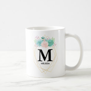 Mug Aquarelle rose et vert moderne Succulents Monogram