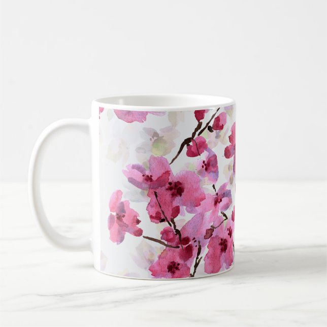 Mug Aquarelle rose Fleur Cerisier Sans Couleur. (Gauche)