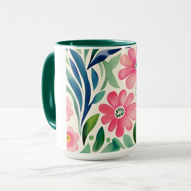 Mug Aquarelle rose Fleurs Art (Devant gauche)