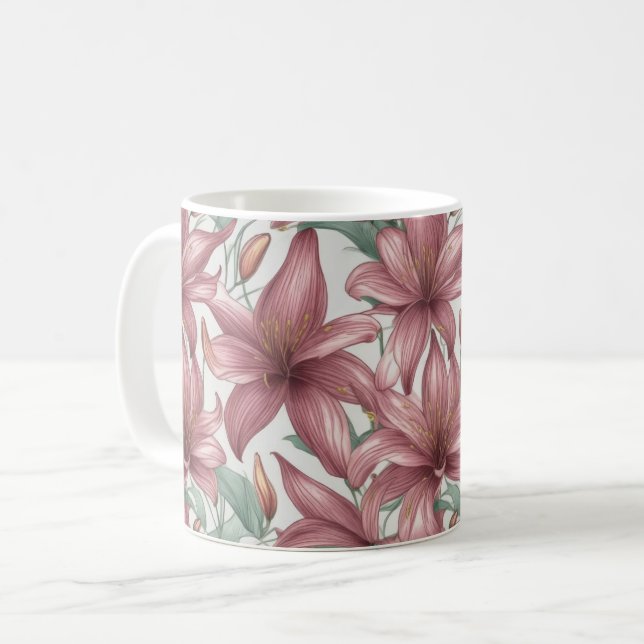 Mug Aquarelle rose Fleurs Lys (Devant gauche)