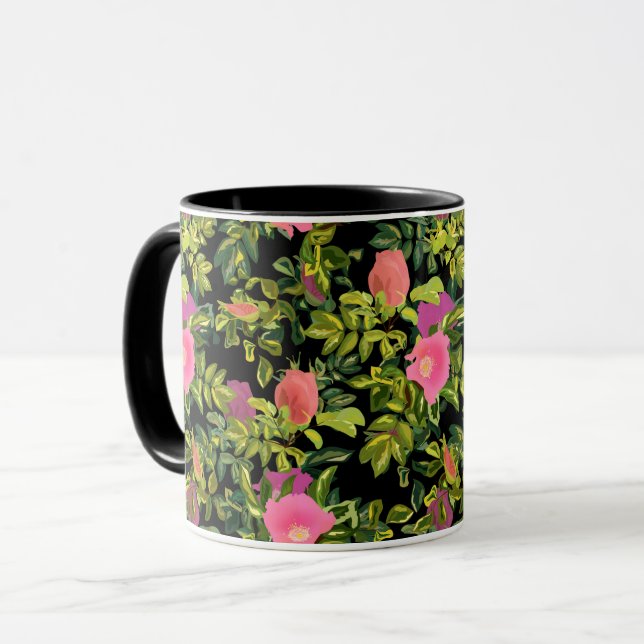 Mug Aquarelle rose fleurs rose rétro fleurie botanique (Devant gauche)