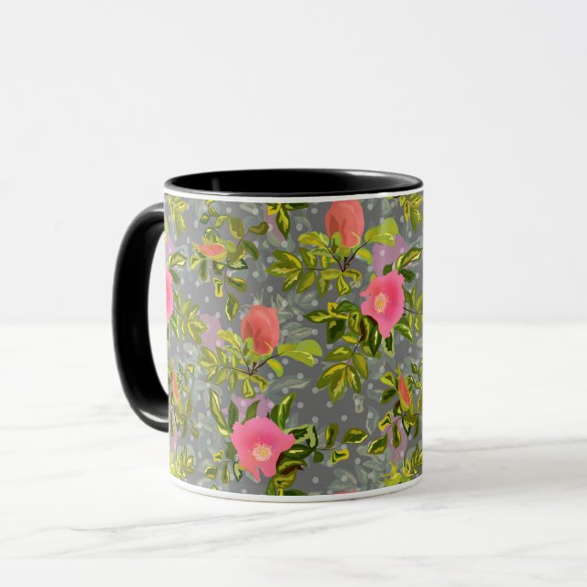 Mug Aquarelle rose fleurs rose rétro fleurie botanique (Devant gauche)