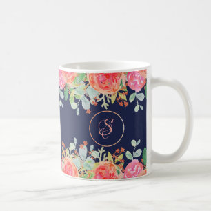 Mug Aquarelle Rose Floral Navy