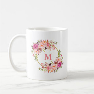 Mug Aquarelle rose Floral Or Cercle Monogramme