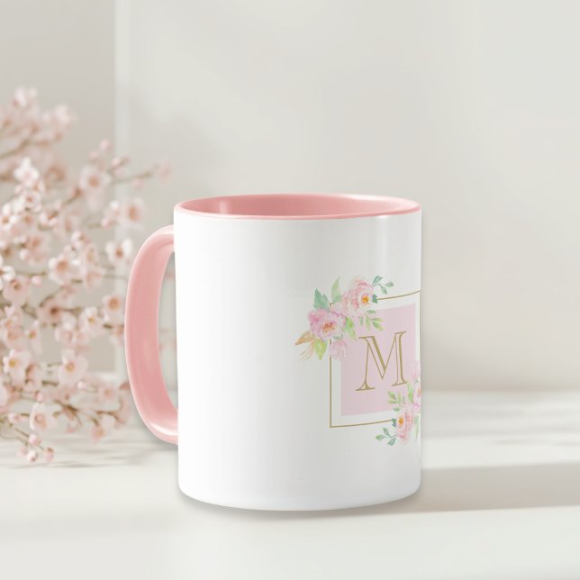 Mug Aquarelle rose Floral Personnalisé Monogramme Café (Créateur téléchargé)