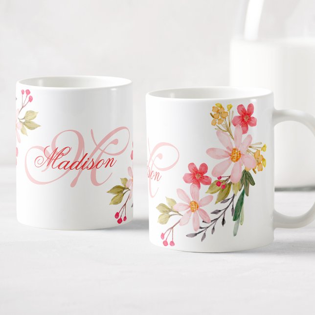 Mug Aquarelle rose jolie Floral Personnalisé Monogramm (Créateur téléchargé)