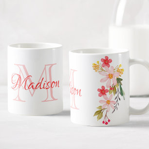 Mug Aquarelle rose pâle Floral Nom du monogramme perso