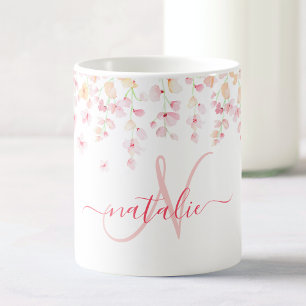 Mug Aquarelle rose pâle Floral Nom du monogramme perso