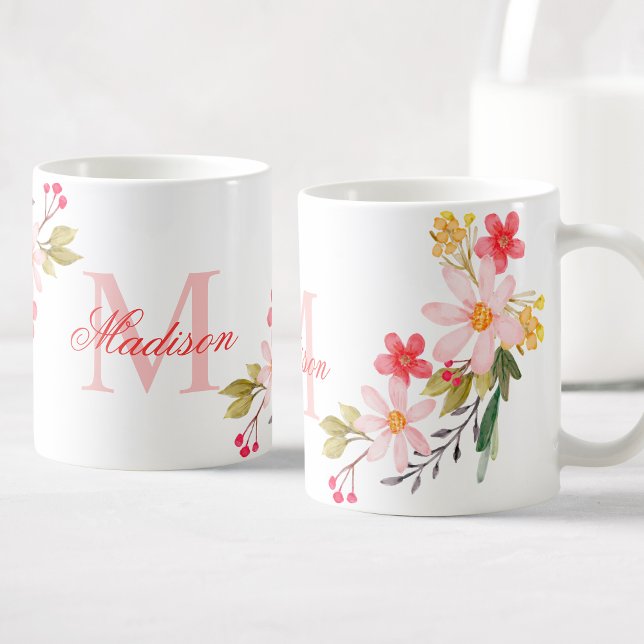 Mug Aquarelle rose pâle Floral Nom du monogramme perso (Créateur téléchargé)