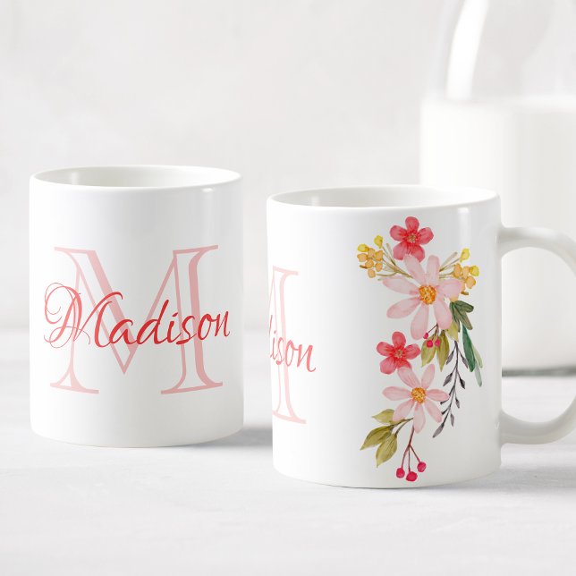 Mug Aquarelle rose pâle Floral Nom du monogramme perso (Créateur téléchargé)
