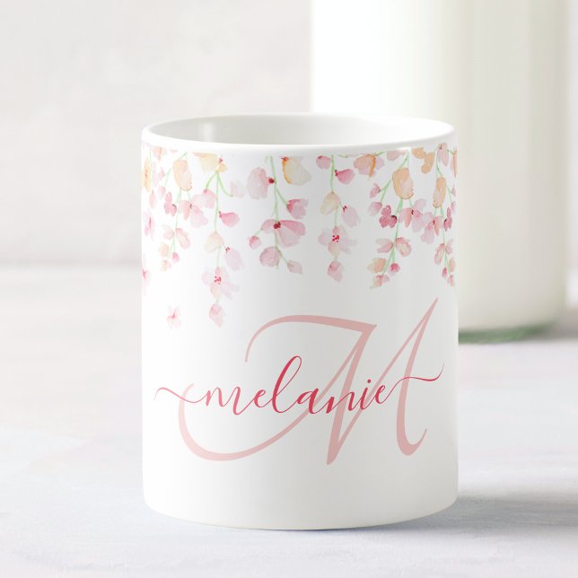 Mug Aquarelle rose pâle Floral Nom du monogramme perso (Créateur téléchargé)
