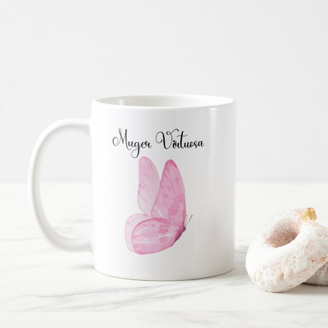 Mug Aquarelle rose papillon Mujer Virtuosa Christian (Avec donut)