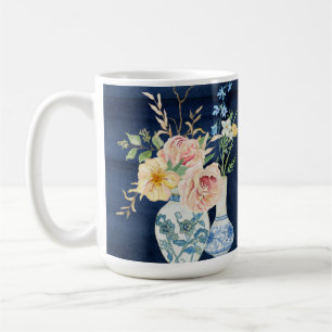 Mug Aquarelle Rose Peony Flowers Marine Blue Wood