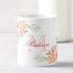 Mug Aquarelle rose personnalisée Nom du monogramme flo