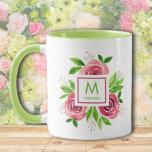 Mug Aquarelle Rose rose chaud Monogramme de chaux à de<br><div class="desc">Cette belle tasse présente de jolis roses roses chauds, feuilles et bourgeons, un cadre blanc carré avec un carré rose chaud intérieur au centre des fleurs. Personnalisez avec votre nom et votre initiale ou monogramme. Parfait pour un cadeau d'anniversaire, un cadeau de jour de la mère, un cadeau pour votre...</div>