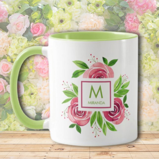 Mug Aquarelle Rose rose chaud Monogramme de chaux à de (Créateur téléchargé)