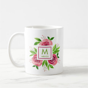 Mug Aquarelle rose Roses Monogrammes Personnalisés