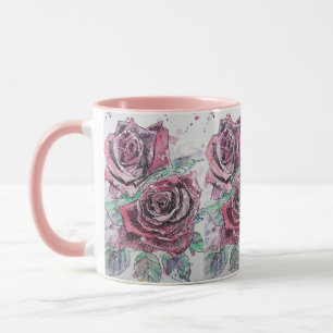 Mug Aquarelle rose rouge et roses d'encre peindre la M