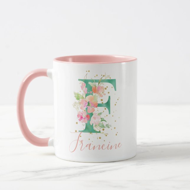 Mug Aquarelle rose turquoise or Monogramme floral F (Gauche)